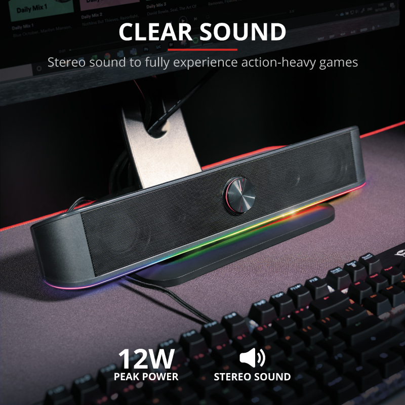 Trust GXT 619 RGB LED Soundbar Trust Thorne, Stereo soundbar Illuminated, space-saving design