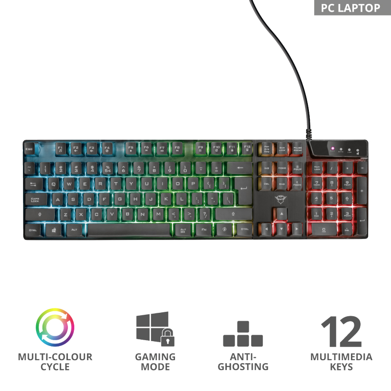 TRUST GXT 835 Azor Illuminated Gaming Keyboard, 3 combined LED color modes, 12 function keys