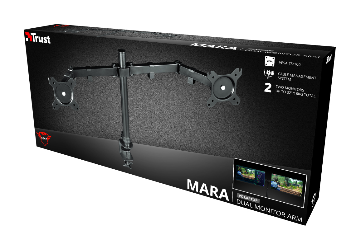 TRUST GXT 1120 Mara Dual Monitor Arm, VESA 75x75mm, 100x100mm, max 2x8kg weight, up to 32"