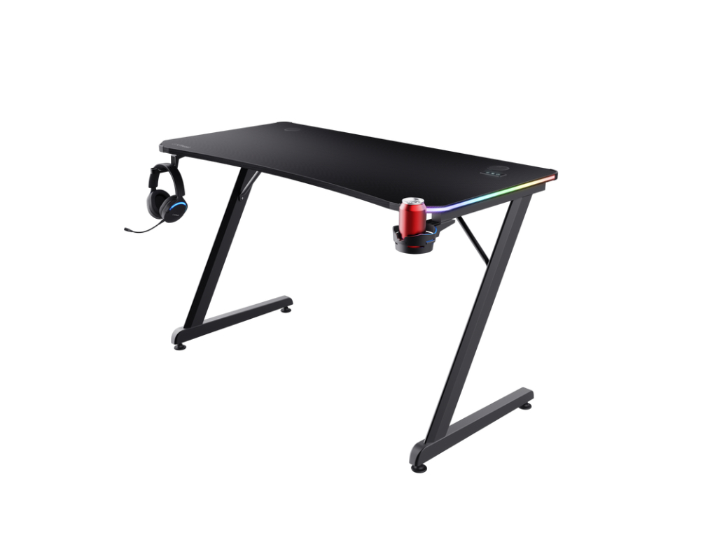 TRUST GXT709 Luminus RGB Gaming Desk Black - Cup holder, W: 1200 mm, H: 740 mm, D: 600 mm
