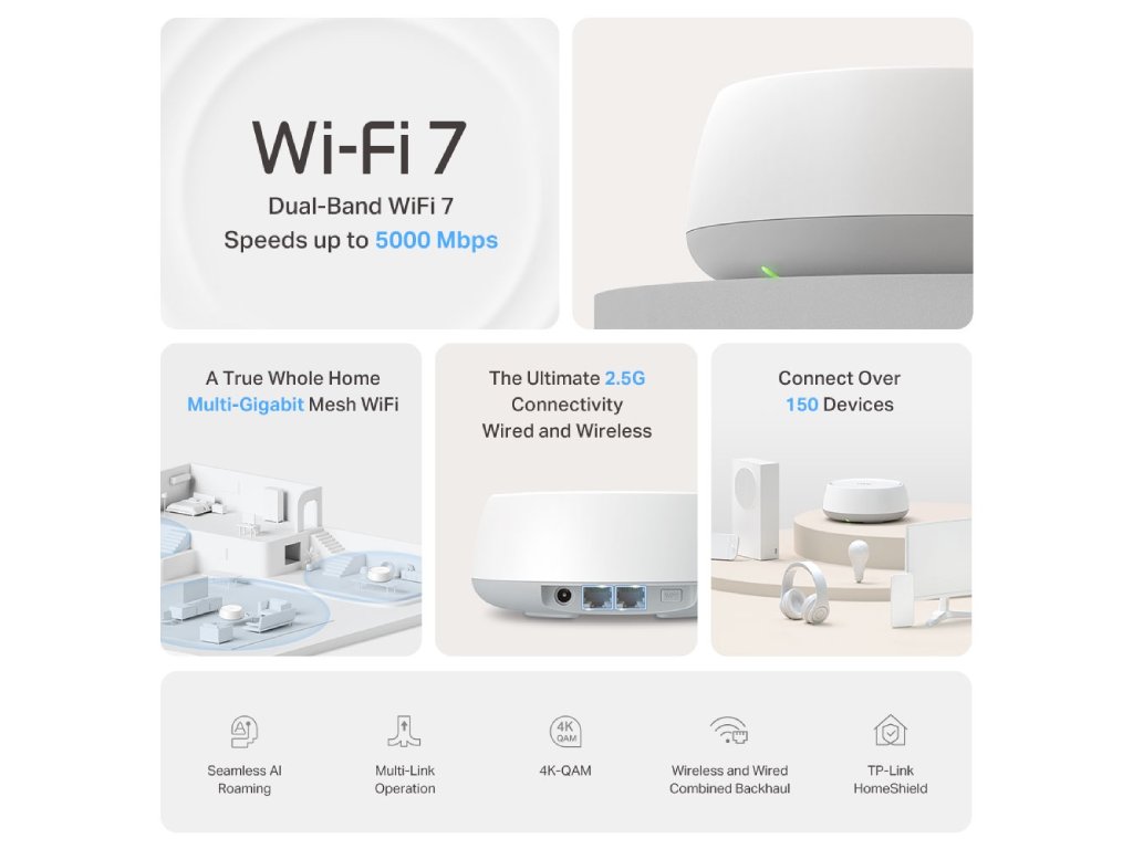 TP-LINK DECO BE25(2-PACK) BE5000 Whole Home Mesh WiFi 7 System, 2x 2.5Gbps, WPS