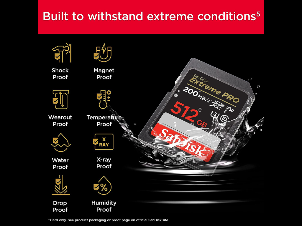 SanDisk Extreme PRO 512GB SDXC Card, up to Read/Write(MB/s): 200/140, UHS-I, Class 10, U3, V30