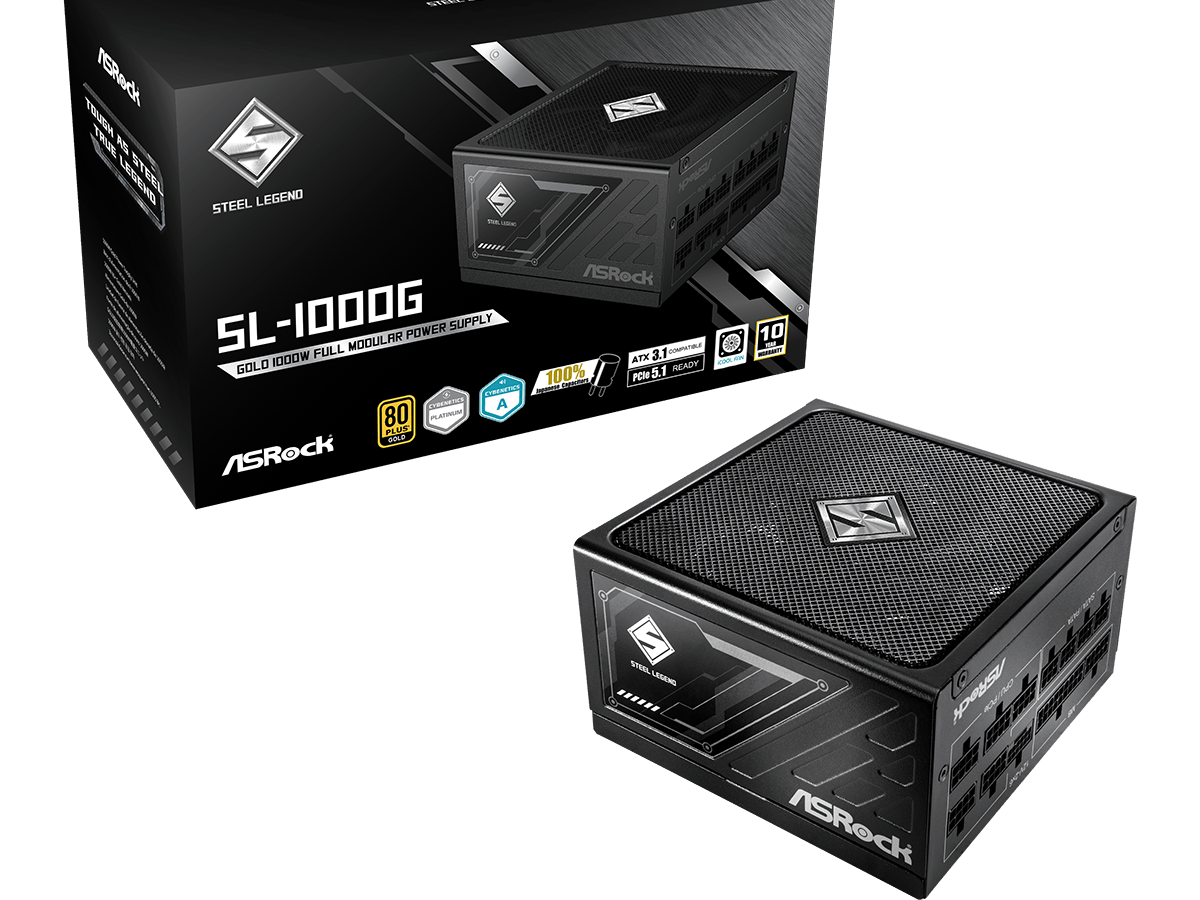 ASROCK PSU 1000W Gold Steel L Fully Modular,80PLUS,135mm fan ATX 3.1. PCIe 5.1, Japanese Capacitors
