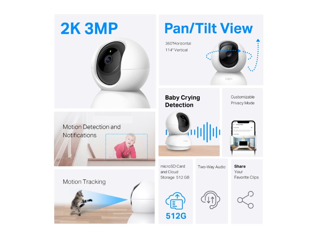 TP-LINK TAPO C210P2 Indoor 2K Pan/Tilt/Zoom Security Camera Set with Advanced Night Vision
