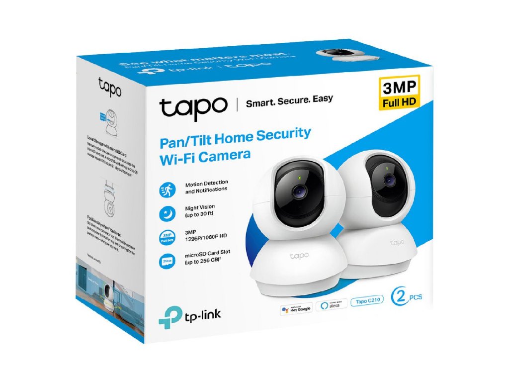 TP-LINK TAPO C210P2 Indoor 2K Pan/Tilt/Zoom Security Camera Set with Advanced Night Vision