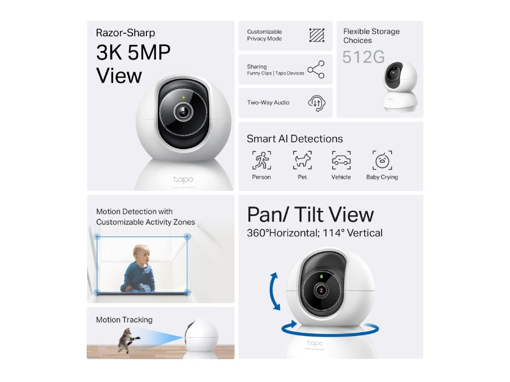 TP-LINK Tapo C230 Pan/Tilt AI Home Security Wi-Fi Camera, 3K 5MP, Wide Range of Movement