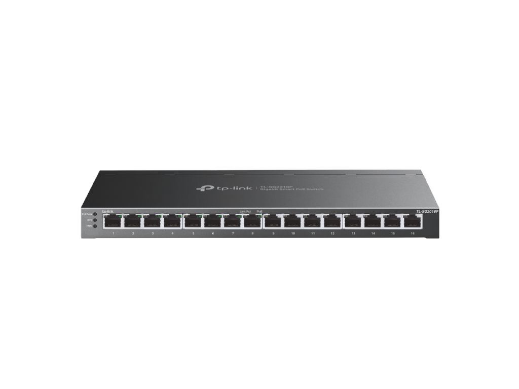TP-LINK TL-SG2016P JetStream 16-Port Gigabit Smart Switch with 8-Port PoE+, 120 W PoE Budget, Metal